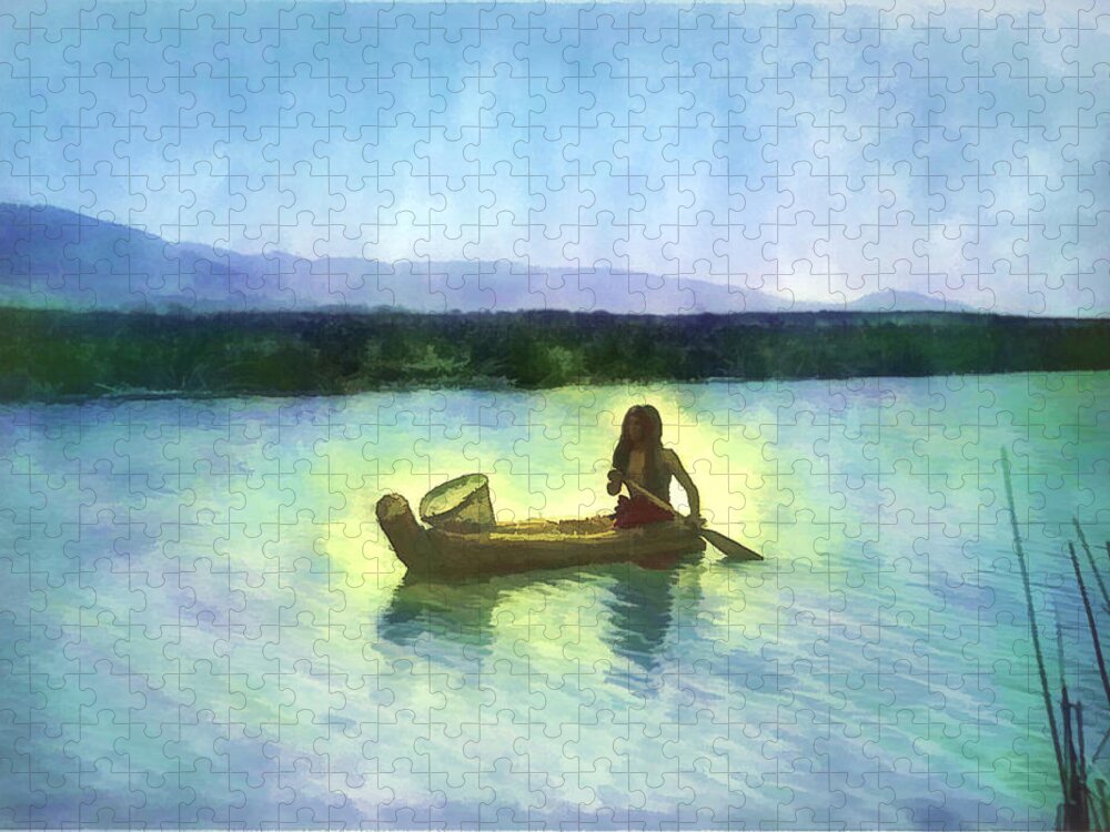Canoe Jigsaw Puzzle featuring the digital art At Peace on the Water by Rick Wicker