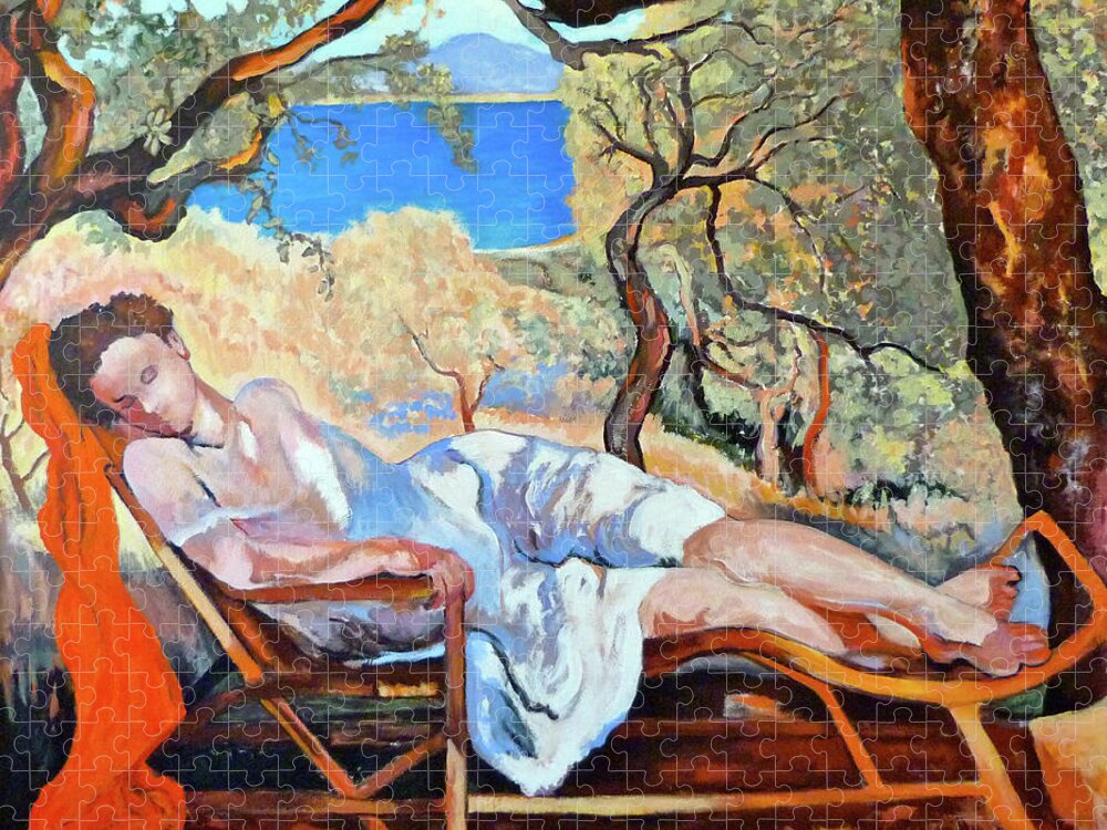 Lady Resting Jigsaw Puzzle featuring the painting At Peace by Tom Roderick