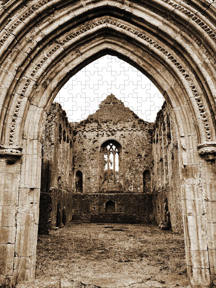 Athassel Jigsaw Puzzle featuring the photograph Athassel Priory Tipperary Ireland Medieval Ruins Decorative Arched Doorway Into Great Hall Sepia by Shawn O'Brien