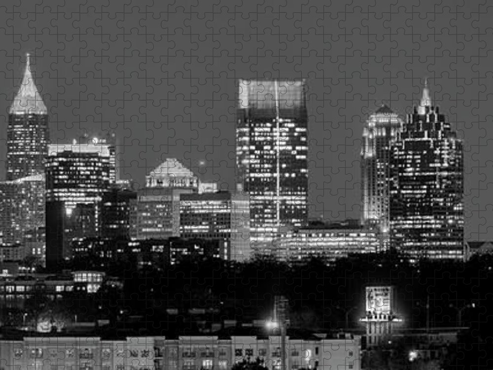 Atlanta Jigsaw Puzzle featuring the photograph Atlanta Skyline at Night Downtown Midtown Black and White BW Panorama by Jon Holiday