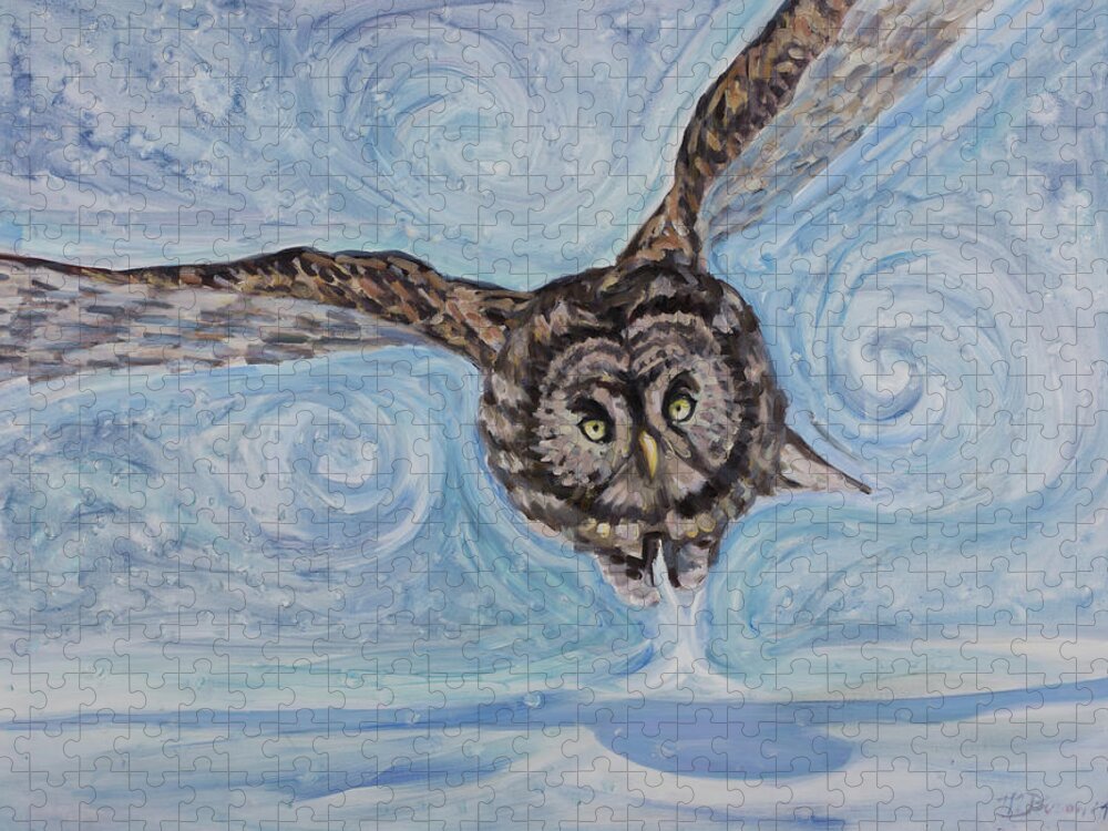 Owl Flight Bird Aerodynamic Snow Air Winter White Sky Chase Snowflake Prey Raptor Wing Jigsaw Puzzle featuring the painting Attack Form The Sky by Marco Busoni