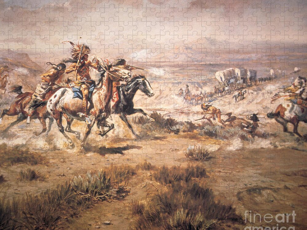 Native American Jigsaw Puzzle featuring the painting Attack on the Wagon Train by Charles Marion Russell