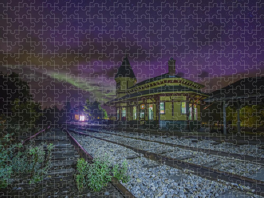 Aurora Over The Crawford Notch Depot Jigsaw Puzzle featuring the photograph Aurora over the Crawford Notch Depot by White Mountain Images