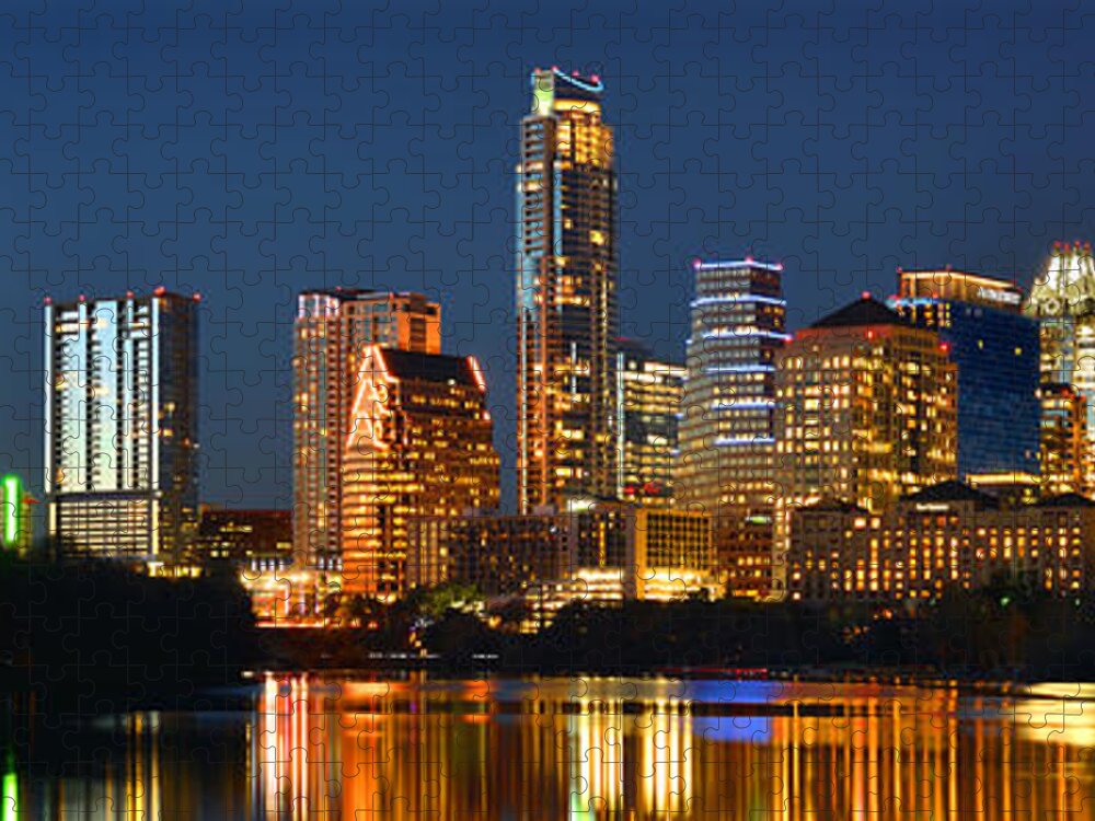 Austin Skyline Jigsaw Puzzle featuring the photograph Austin Skyline at Night Color Panorama Texas by Jon Holiday