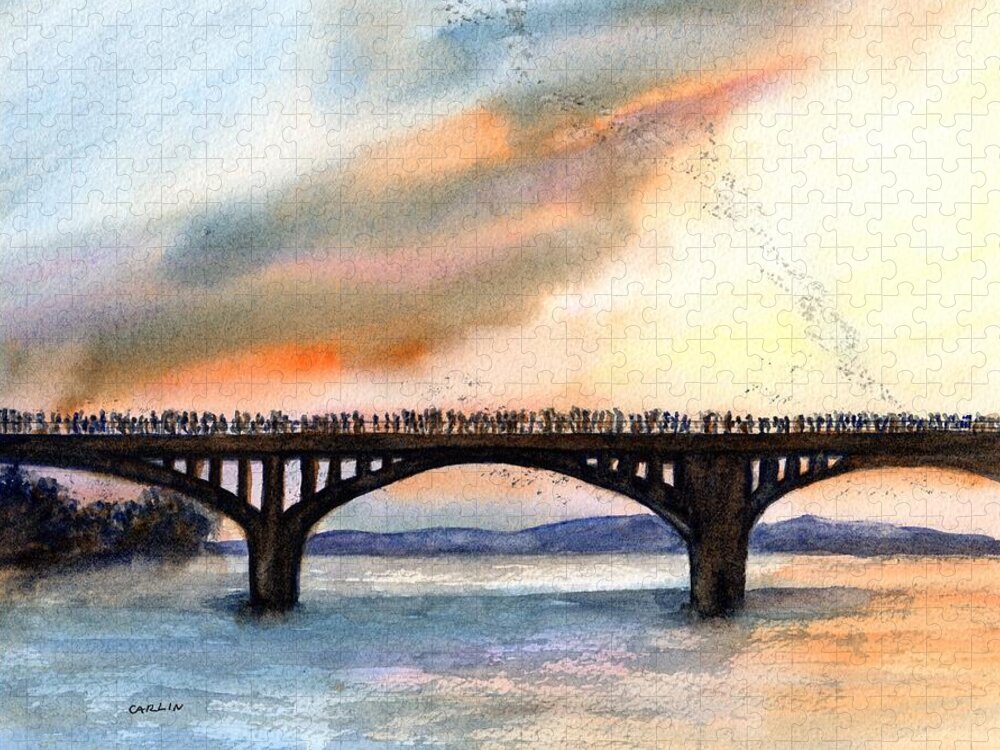 Austin Jigsaw Puzzle featuring the painting Austin, TX Congress Bridge Bats by Carlin Blahnik CarlinArtWatercolor