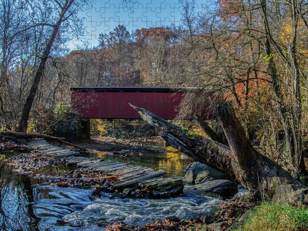 Autumn Jigsaw Puzzle featuring the photograph Autumn Along the Wissaickon Creek at Thomas Covered Bridge by Bill Cannon
