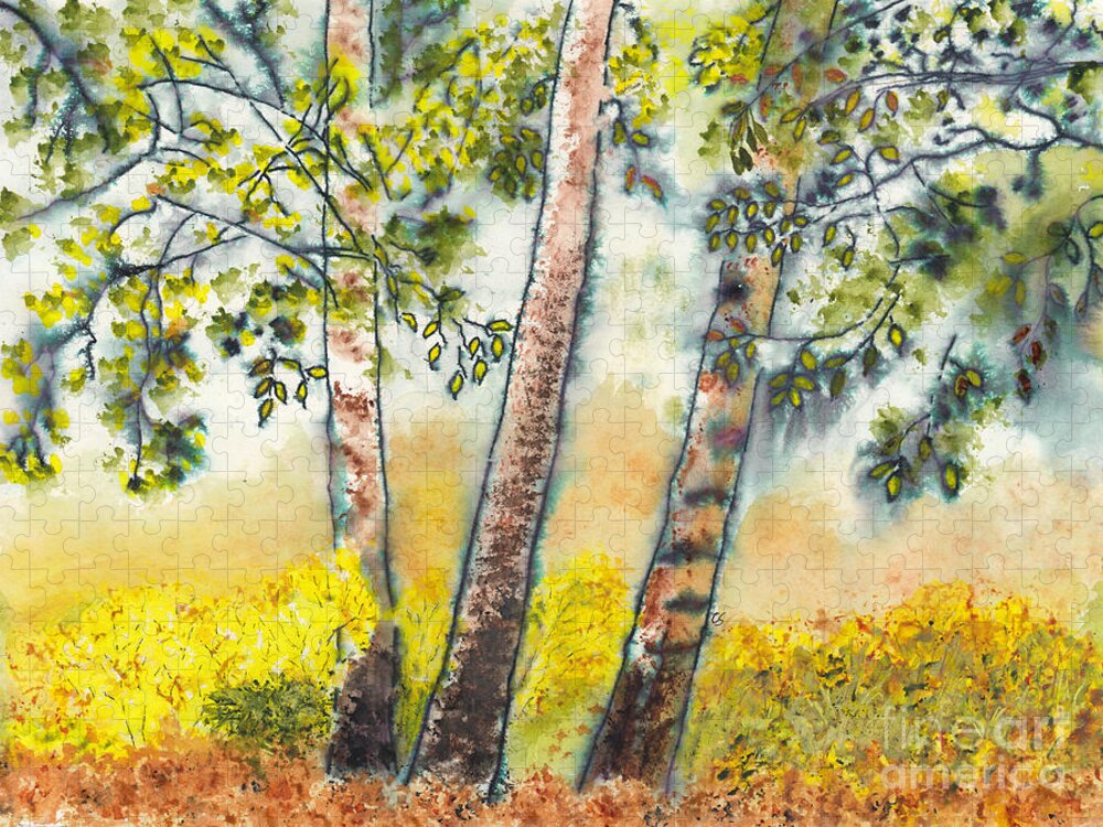 Autumn Birch Trees Jigsaw Puzzle featuring the mixed media Autumn Birch Trees by Conni Schaftenaar