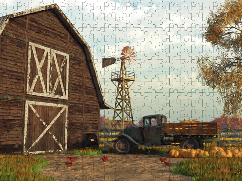 Fall Jigsaw Puzzle featuring the digital art Autumn Farm Scene by Jayne Wilson