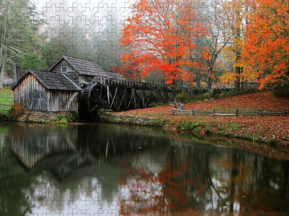 Mabry Mill Jigsaw Puzzle featuring the photograph Autumn Foggy Morning At Mabry Mill Virginia by Carol Montoya