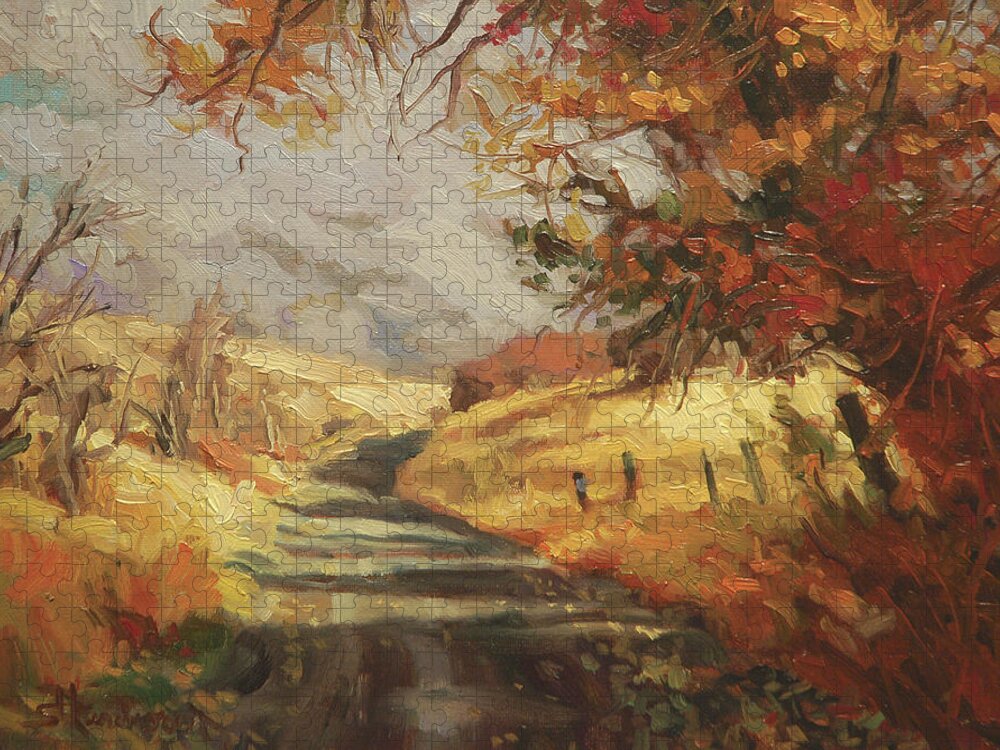 Country Jigsaw Puzzle featuring the painting Autumn Road by Steve Henderson