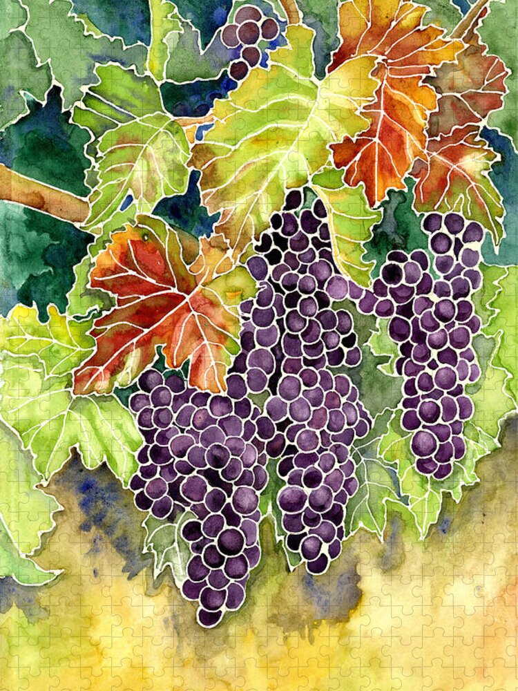 Cabernet Sauvignon Grapes Jigsaw Puzzle featuring the painting Autumn Vineyard in its Glory - Batik Style by Audrey Jeanne Roberts