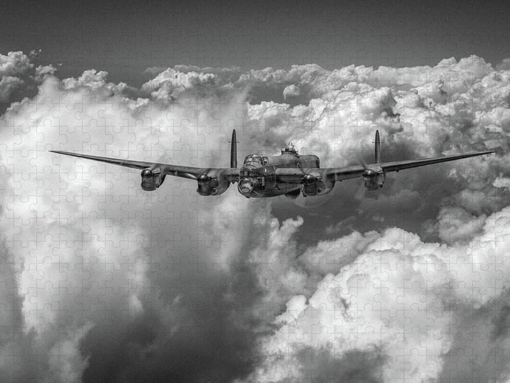 Item Jigsaw Puzzle featuring the photograph Avro Lancaster above clouds BW version by Gary Eason