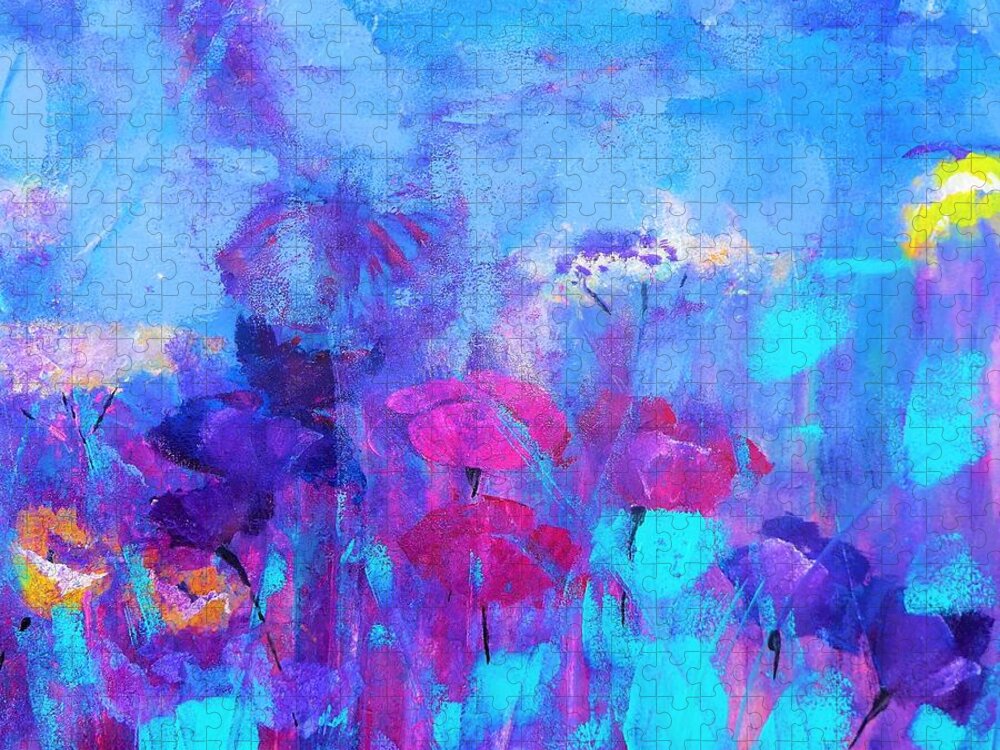 Cyan Jigsaw Puzzle featuring the digital art Azure Cyan Floral Wind Painting by Lisa Kaiser by Lisa Kaiser