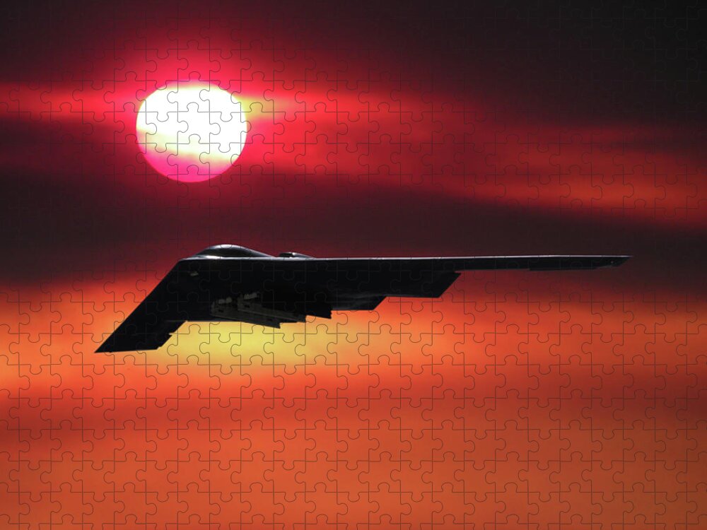 B-2 Stealth Bomber Jigsaw Puzzle featuring the mixed media B-2 Stealth Bomber in the Sunset by Erik Simonsen
