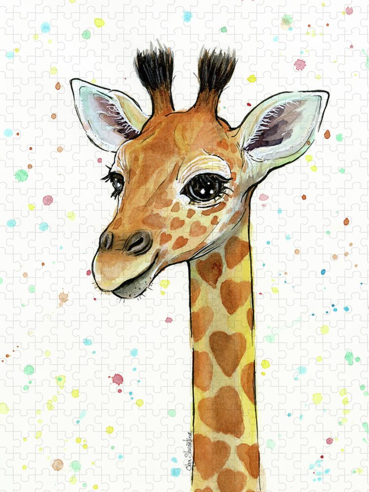 Watercolor Giraffe Jigsaw Puzzle featuring the painting Baby Giraffe Watercolor with Heart Shaped Spots by Olga Shvartsur