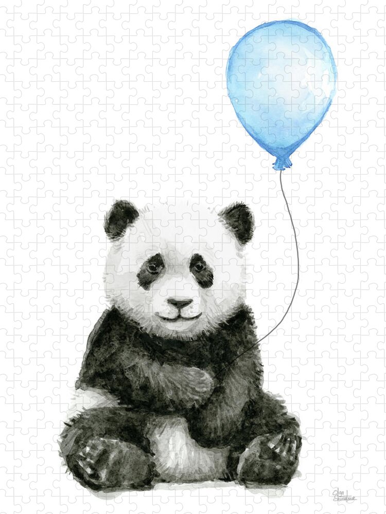 Baby Panda Jigsaw Puzzle featuring the painting Baby Panda with Blue Balloon Watercolor by Olga Shvartsur