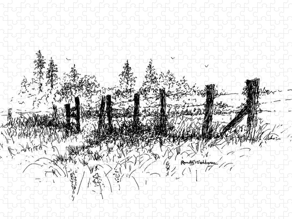 Fence Jigsaw Puzzle featuring the drawing Backlit Fence by Randy Welborn