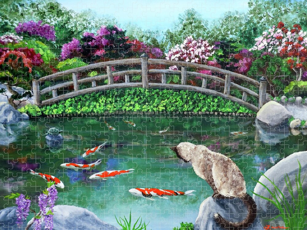 Bridge Jigsaw Puzzle featuring the painting Balinese Cat at Hakone by Laura Iverson