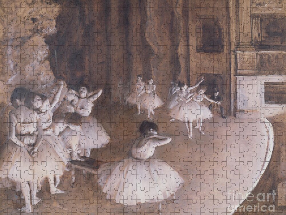 Ballet Rehearsal On The Stage Jigsaw Puzzle featuring the painting Ballet Rehearsal on the Stage by Edgar Degas