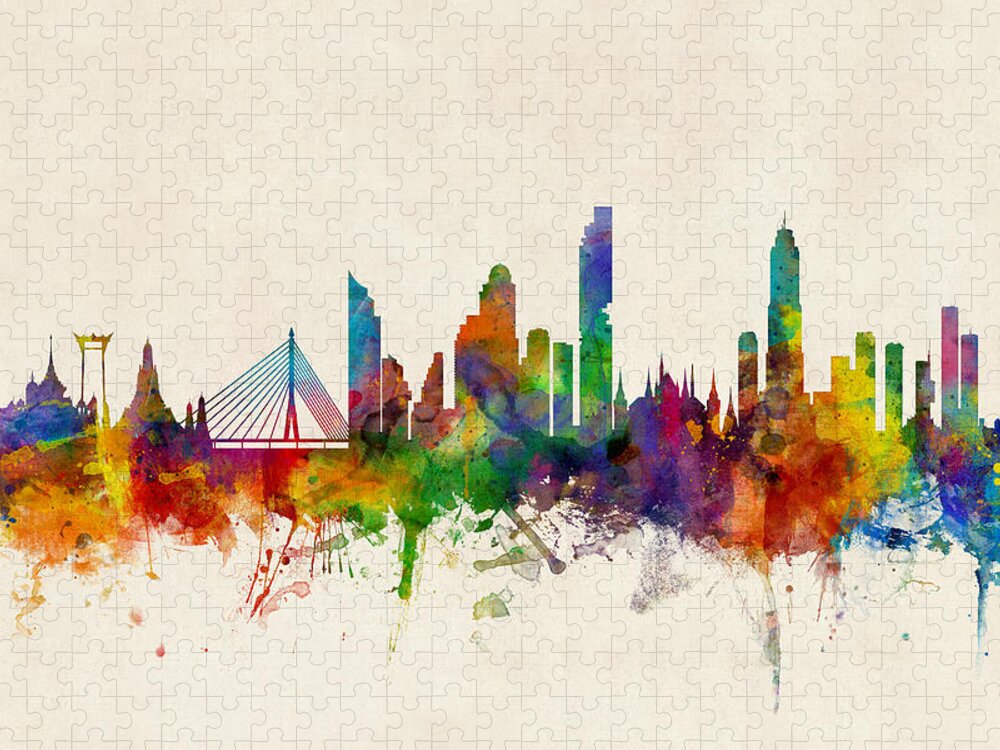 Watercolor Art Print Of The Skyline Of Bangkok Jigsaw Puzzle featuring the digital art Bangkok Thailand Skyline by Michael Tompsett