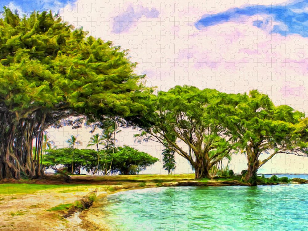 Hawaii Jigsaw Puzzle featuring the painting Banyan Trees at Reeds Bay Hilo by Dominic Piperata