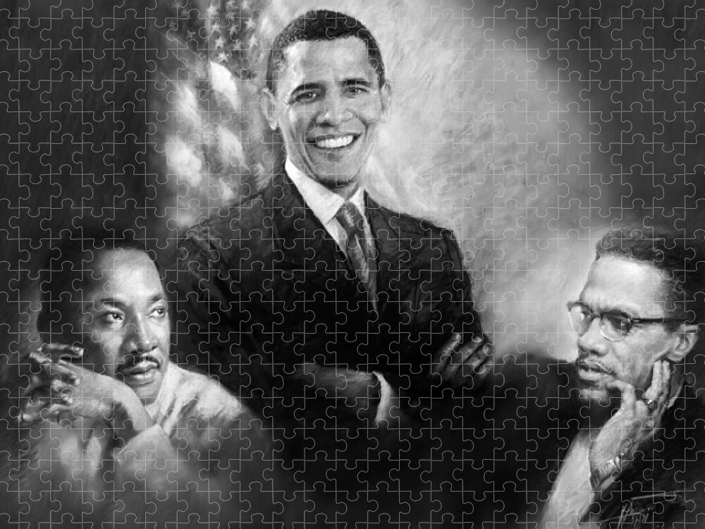 Barack Obama Puzzle featuring the pastel Barack Obama Martin Luther King Jr and Malcolm X by Ylli Haruni