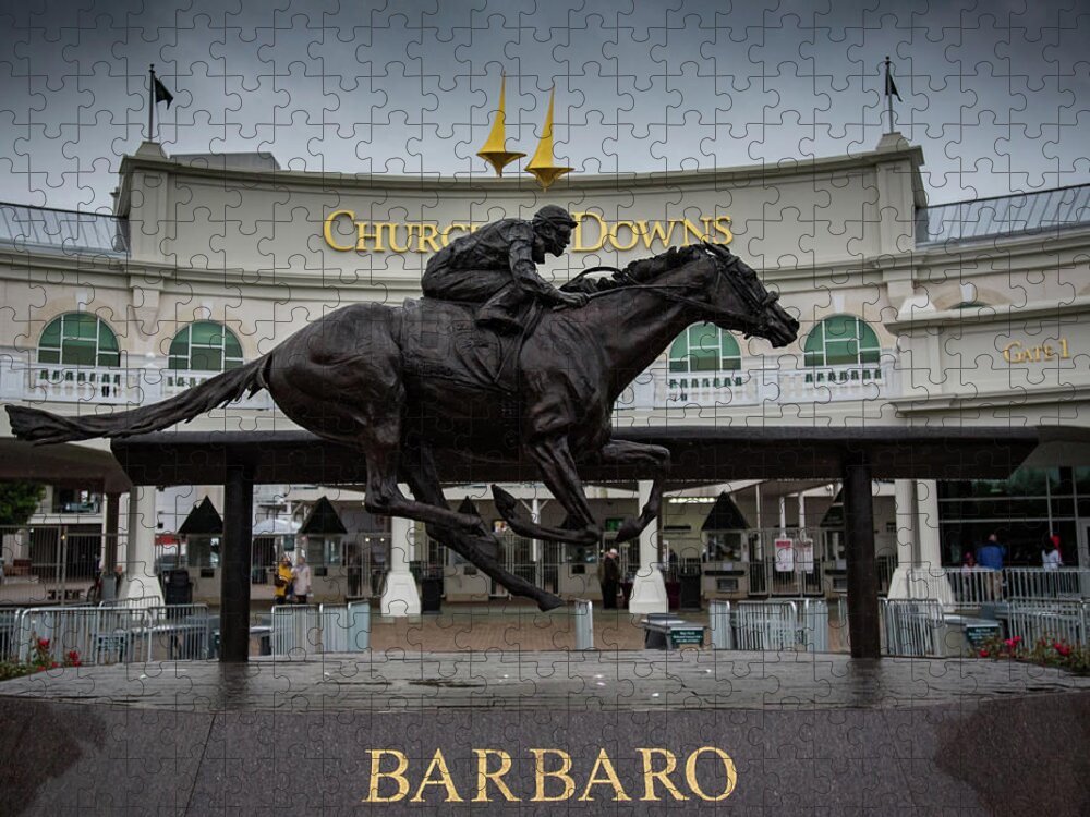 Barbaro Jigsaw Puzzle featuring the photograph Barbaro Statue at Gate 1 by Kelly VanDellen