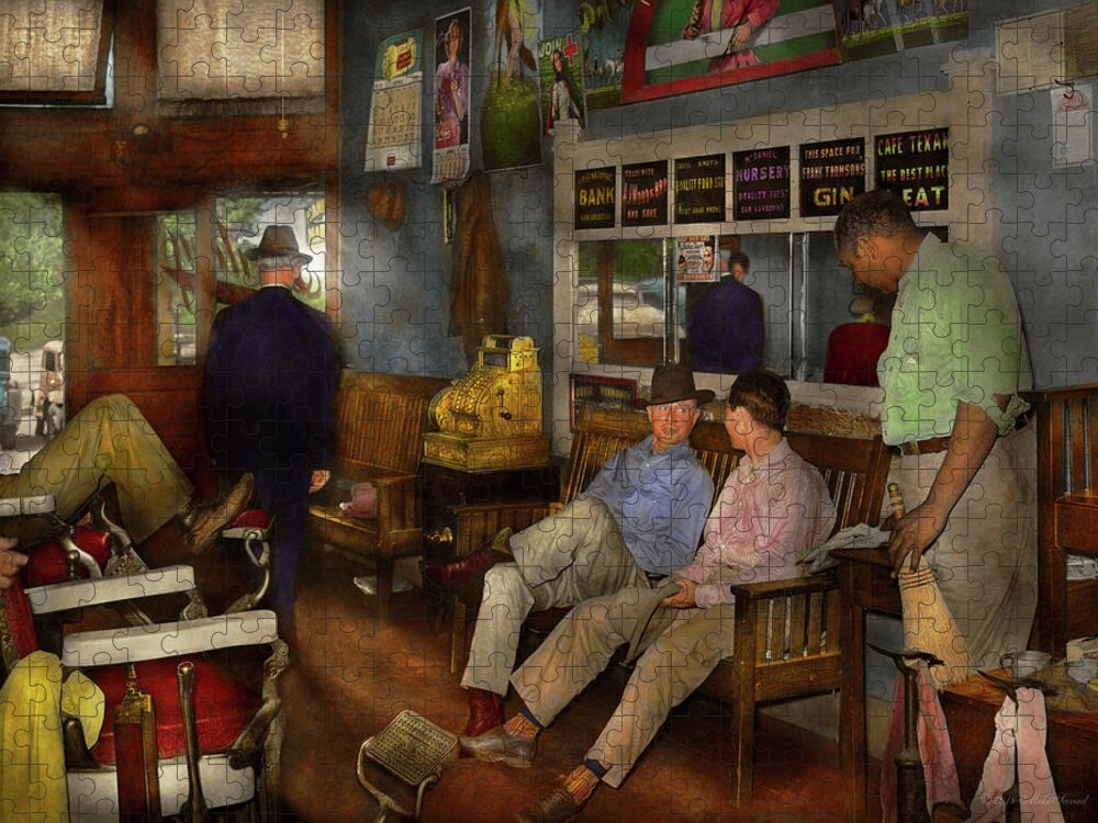 Color Jigsaw Puzzle featuring the photograph Barber - Cowboy stories 1939 by Mike Savad