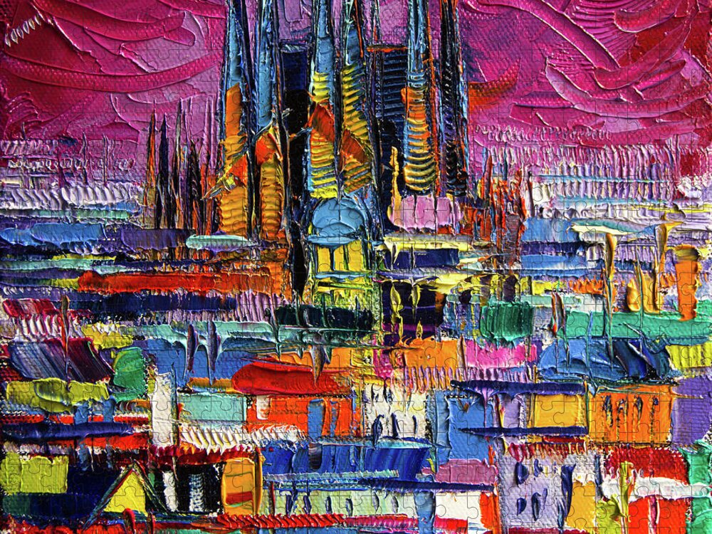 Barcelona Colors Jigsaw Puzzle featuring the painting BARCELONA COLORS Sagrada Familia by Night modern impressionist stylized cityscape by Mona Edulesco