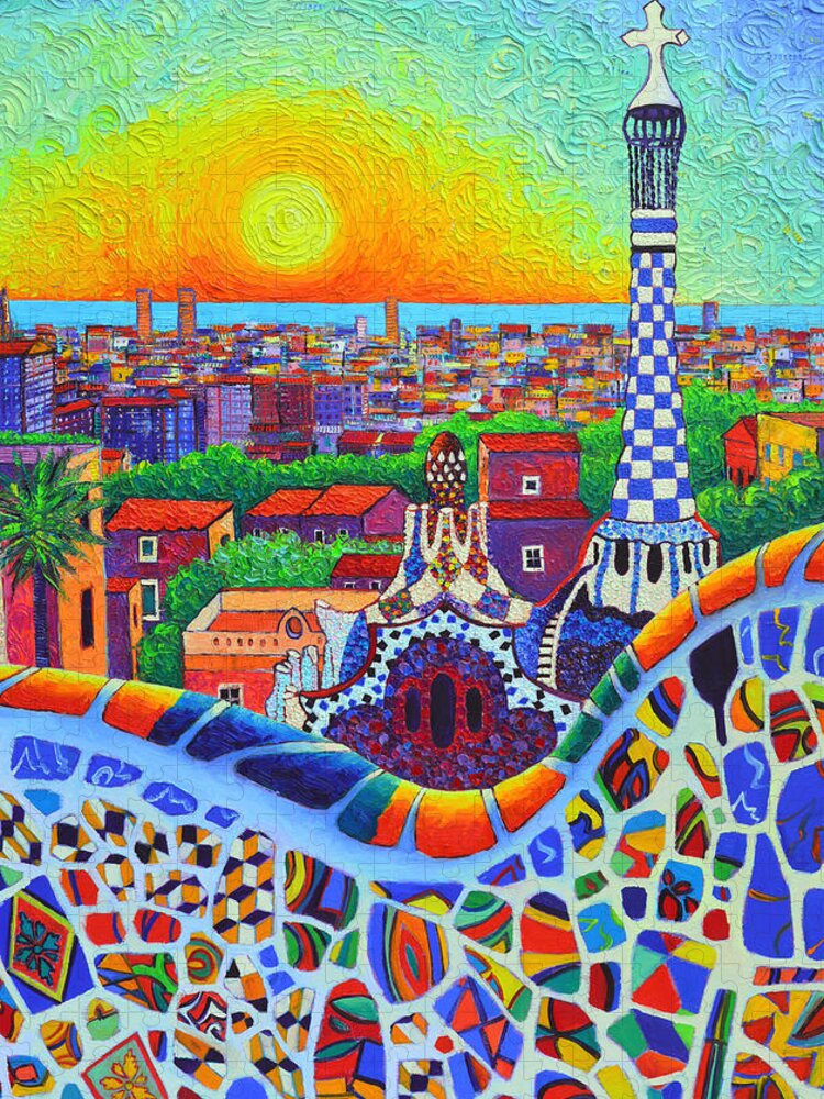 Barcelona Jigsaw Puzzle featuring the painting Barcelona Park Guell Sunrise Gaudi Tower Textural Impasto Knife Oil Painting By Ana Maria Edulescu by Ana Maria Edulescu