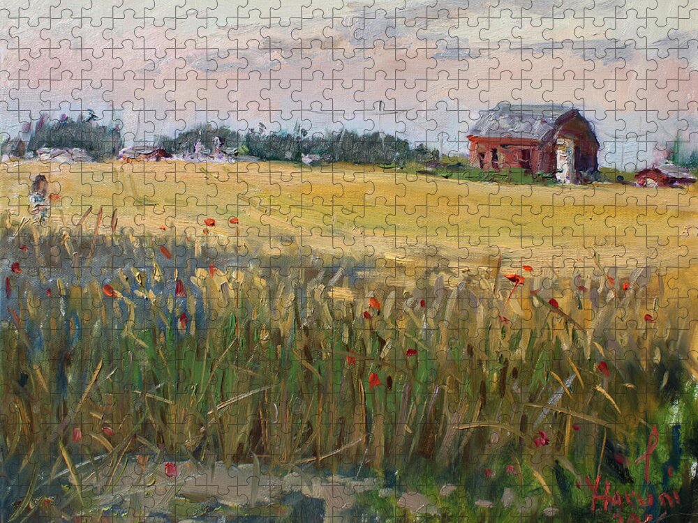Barn Jigsaw Puzzle featuring the painting Barn in a Field of Grain by Ylli Haruni