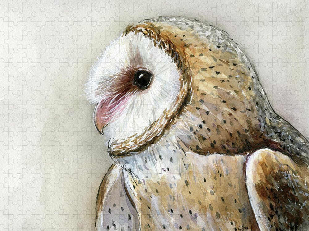 Owl Jigsaw Puzzle featuring the painting Barn Owl Watercolor by Olga Shvartsur