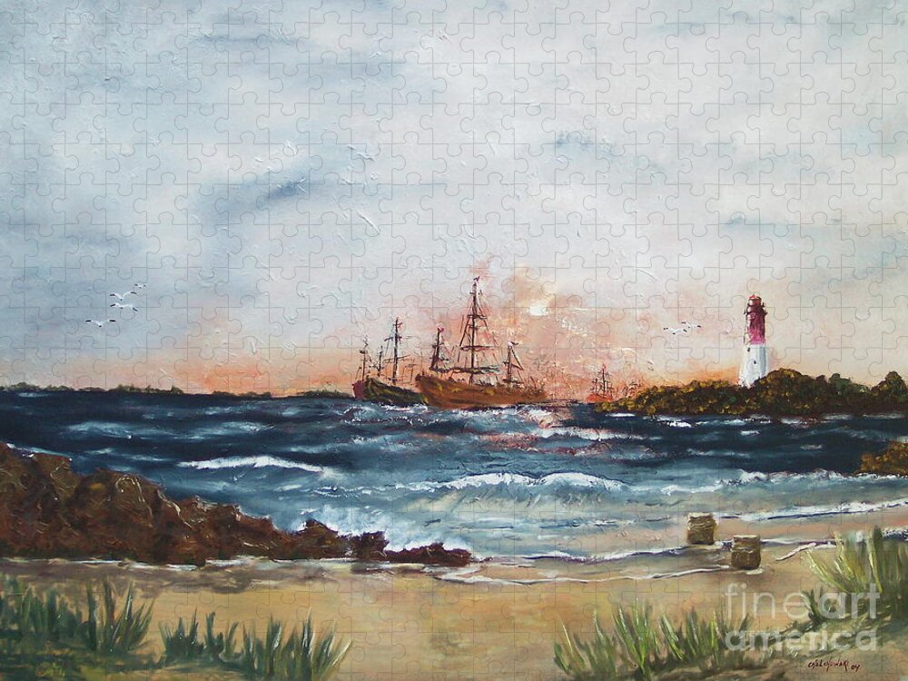 Barnegat Lighthouse Nj Beach Ocean Boats Ship Jigsaw Puzzle featuring the painting Barnegat Lighthouse by Miroslaw Chelchowski