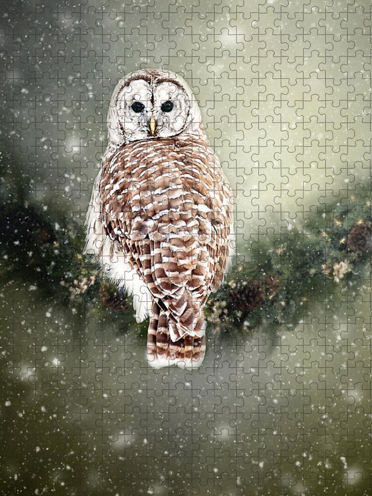 Barred Owl Print Jigsaw Puzzle featuring the photograph Barred Owl in the Snow by Gwen Gibson