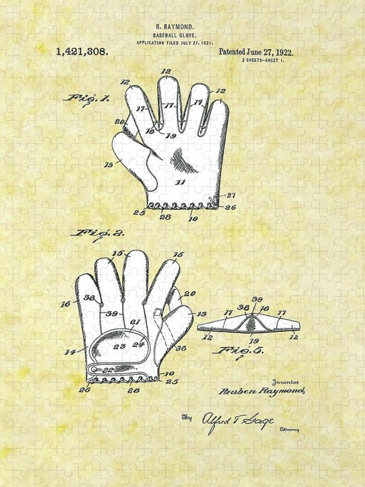 Reuben Raymond Jigsaw Puzzle featuring the drawing Baseball Glove 1921 Patent by Movie Poster Prints