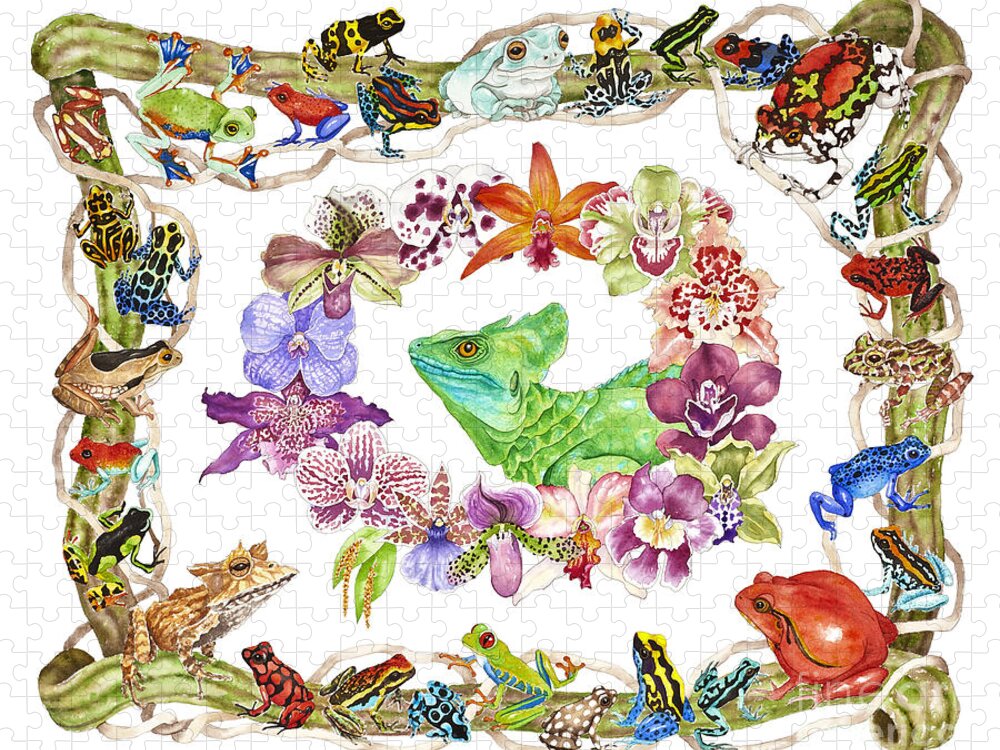 Frogs Jigsaw Puzzle featuring the painting Basilisk, Orchids, Frogs by Lucy Arnold