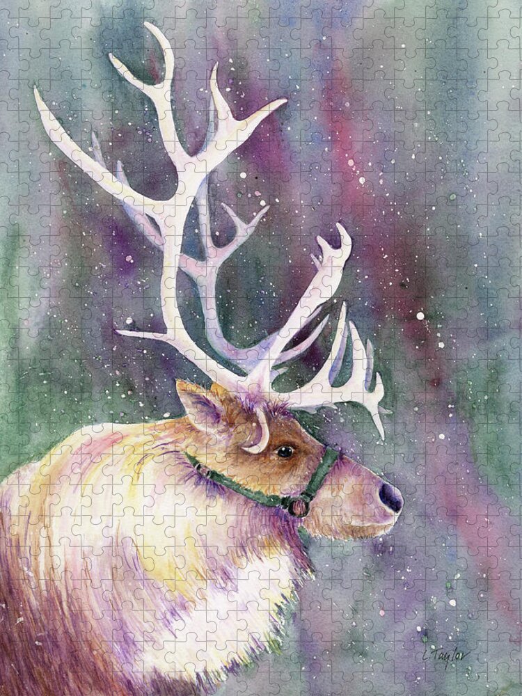 Reindeer Jigsaw Puzzle featuring the painting Basking in the Lights by Lori Taylor