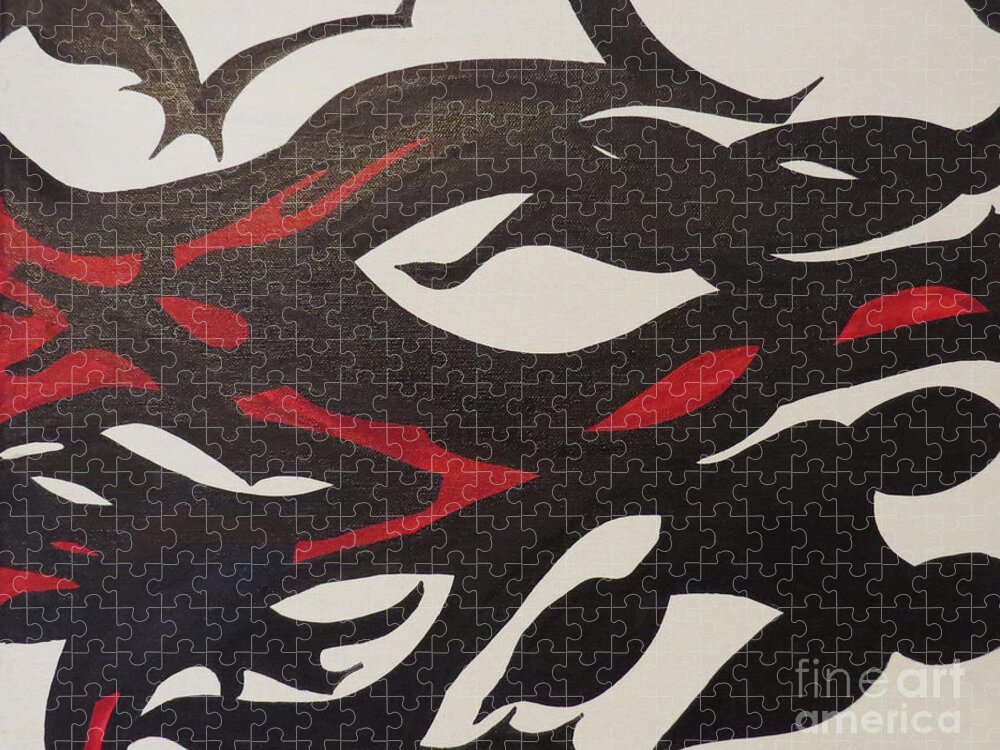 Abstract Jigsaw Puzzle featuring the painting Bats and Eyes by Mary Mikawoz