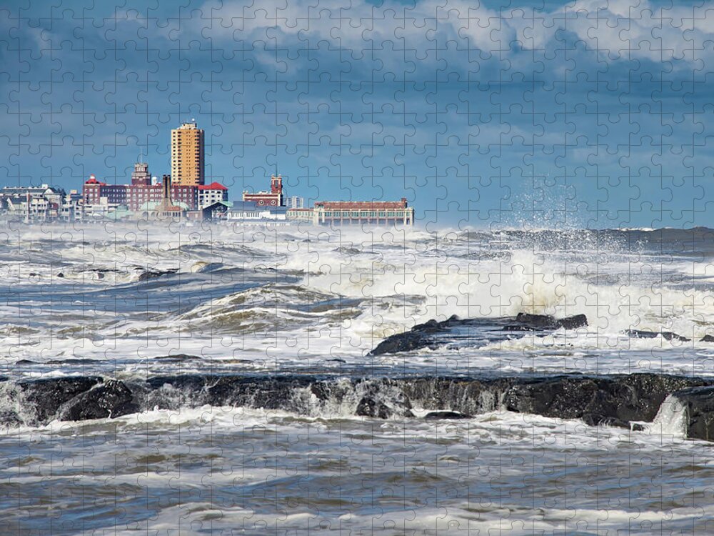 Surf Jigsaw Puzzle featuring the photograph Battering The Seawall At Shark River Inlet by Gary Slawsky