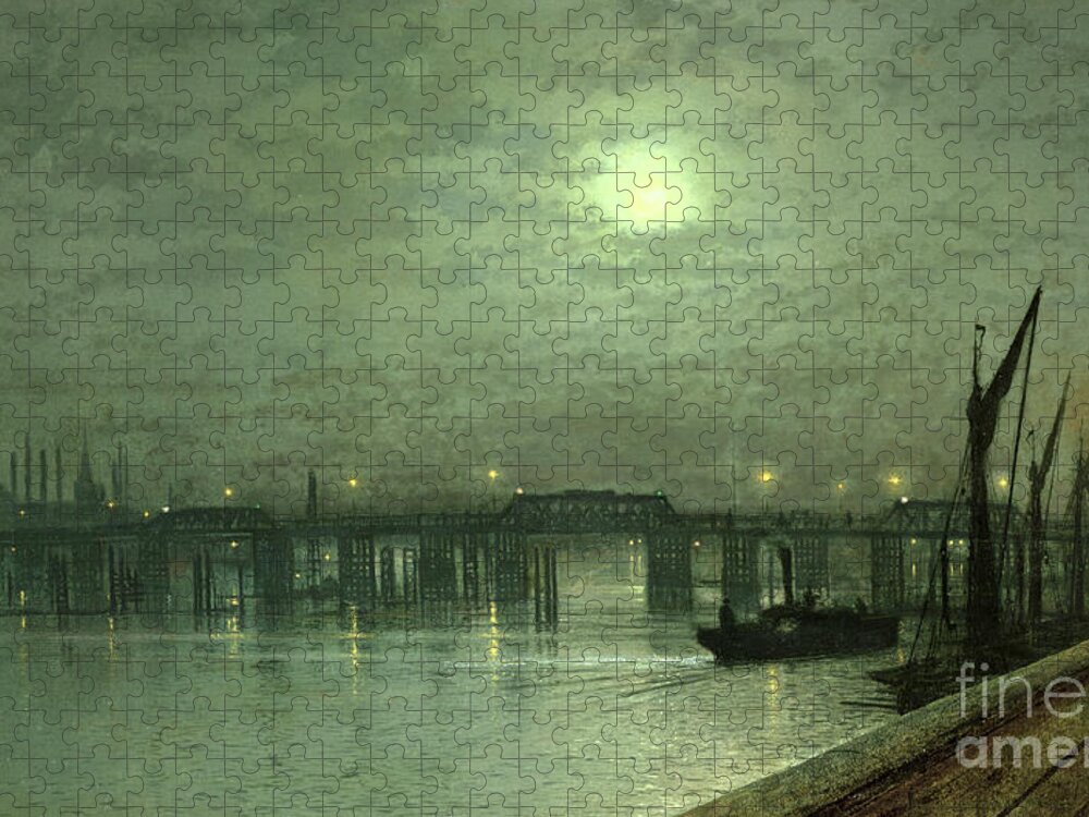Nocturne; Night; Moon; Moonlit; River Thames; Chelsea; Boat; Steamboat Jigsaw Puzzle featuring the painting Battersea Bridge by Moonlight by John Atkinson Grimshaw