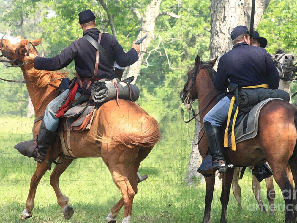 Civil War Re-enactment Jigsaw Puzzle featuring the photograph Battle by Horseback by Kim Henderson