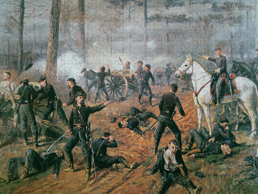 Captain Hickenlooper's Battery In The Hornet's Nest At The Battle Of Shiloh Jigsaw Puzzle featuring the painting Battle of Shiloh by T C Lindsay