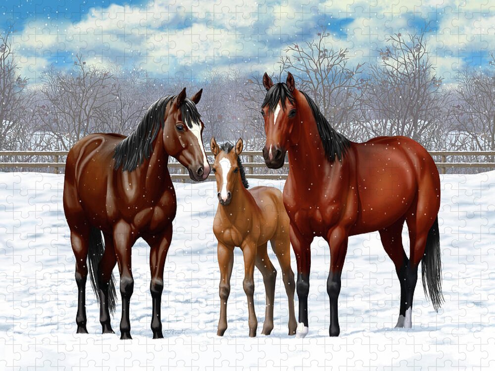 Horses Jigsaw Puzzle featuring the painting Bay Horses In Winter Pasture by Crista Forest