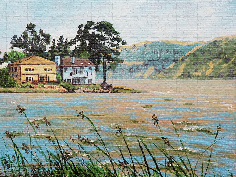 Buildings Jigsaw Puzzle featuring the painting Bay Scenery with Houses by Masha Batkova
