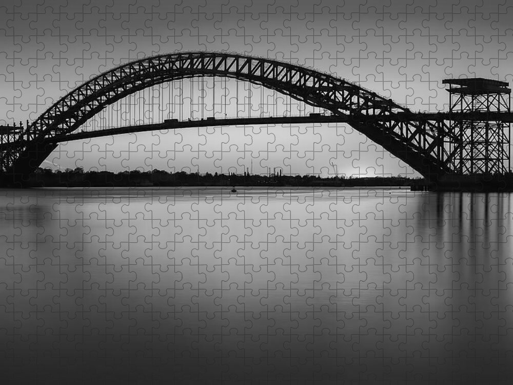 Bayonne Jigsaw Puzzle featuring the photograph Bayonne Bridge Sundown BW by Susan Candelario