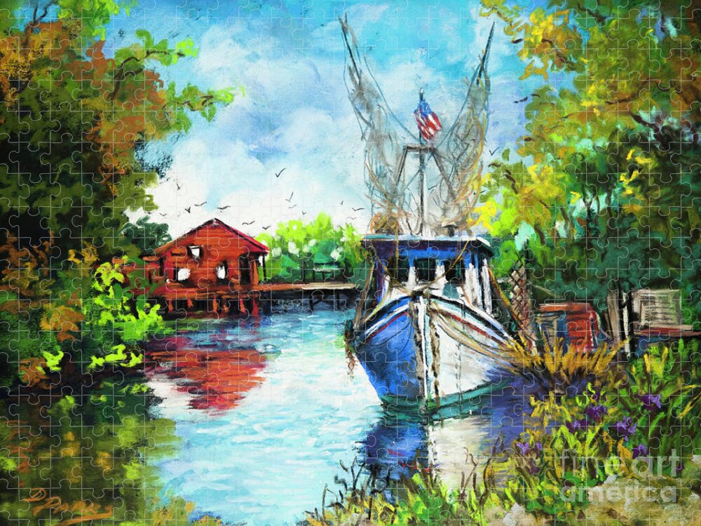 Louisiana Bayou Shrimper Jigsaw Puzzle featuring the painting Bayou Lafourche by Dianne Parks