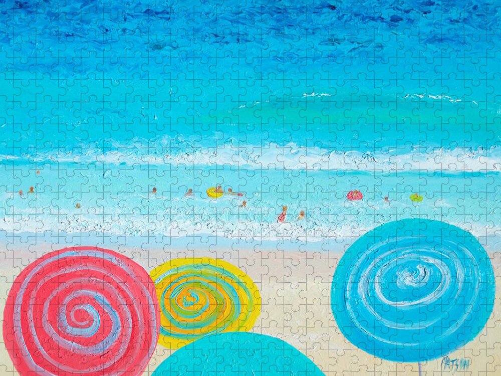 Beach Jigsaw Puzzle featuring the painting Beach Art - Lollipop umbrellas by Jan Matson