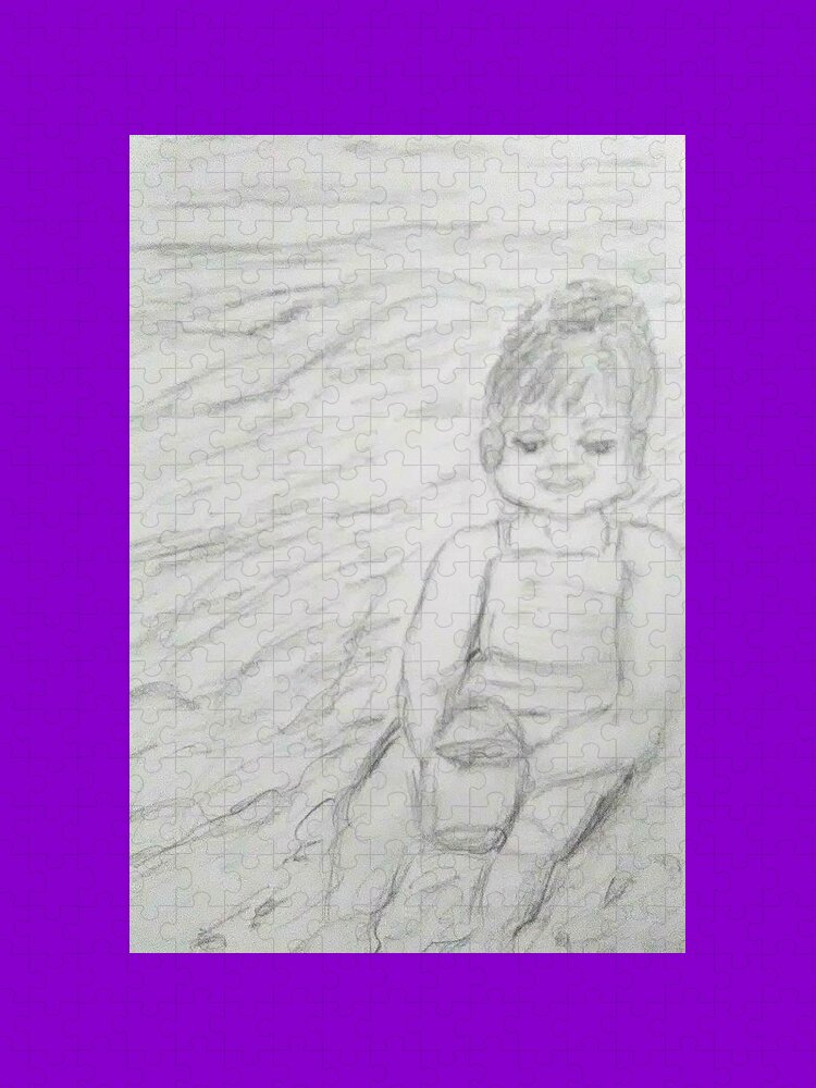 Children Jigsaw Puzzle featuring the drawing  Beach Baby by Suzanne Berthier