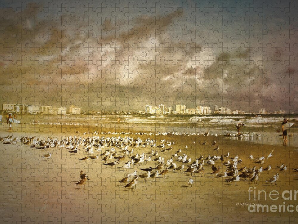 Beach Jigsaw Puzzle featuring the painting Beach Birds Surfers and Waves by Deborah Benoit