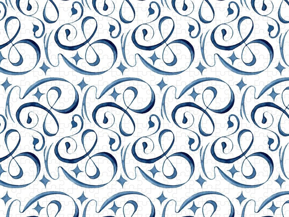 Indigo Blue Jigsaw Puzzle featuring the painting Beach House Indigo Star Swirl Scroll Pattern by Audrey Jeanne Roberts